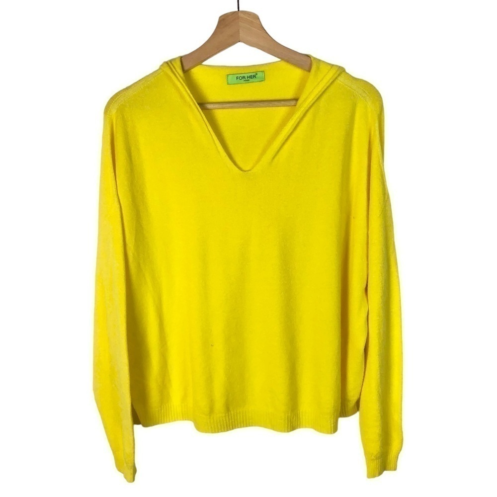 Boutique‎ For Her Paris Bright Yellow V-Neck Pullover Hooded Sweater M